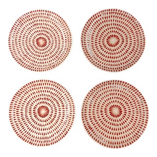 Set of 4 Bat Trang Vietnamese Ceramic Dessert/Salad Plates With Hand Painted Red Brushstroke Motif For Sale