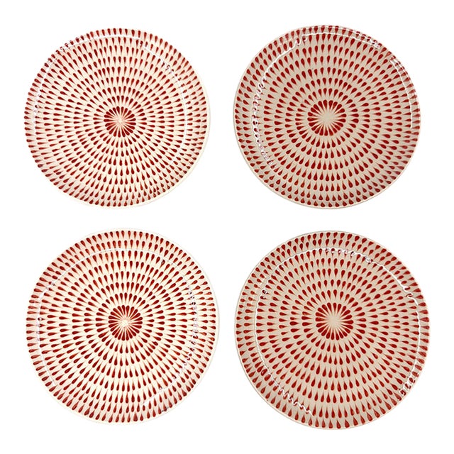 Set of 4 Bat Trang Vietnamese Ceramic Dessert/Salad Plates With Hand Painted Red Brushstroke Motif For Sale