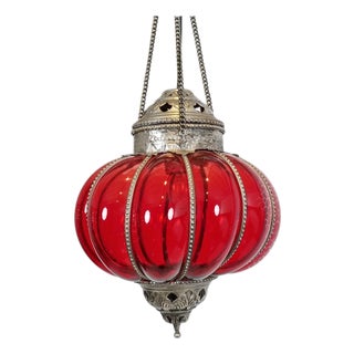 Vintage Indian Red Glass Pumpkin Pendant Light For Sale
