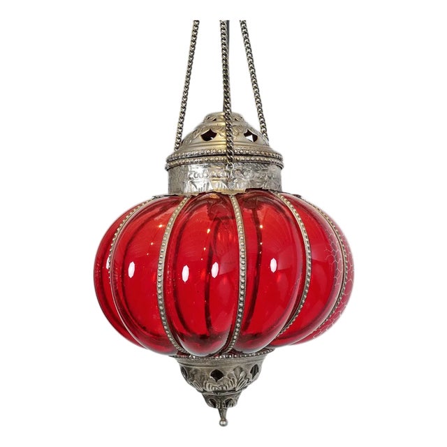 Vintage Indian Red Glass Pumpkin Pendant Light For Sale