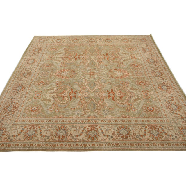 Persian 1900s Green Antique Persian Mahal Handmade Square Wool Rug With Allover Floral Design For Sale - Image 3 of 7