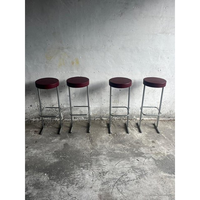 Brown Vintage Industrial Bar Stools with Burgundy Seats, 1980s, Set of 4 For Sale - Image 8 of 8