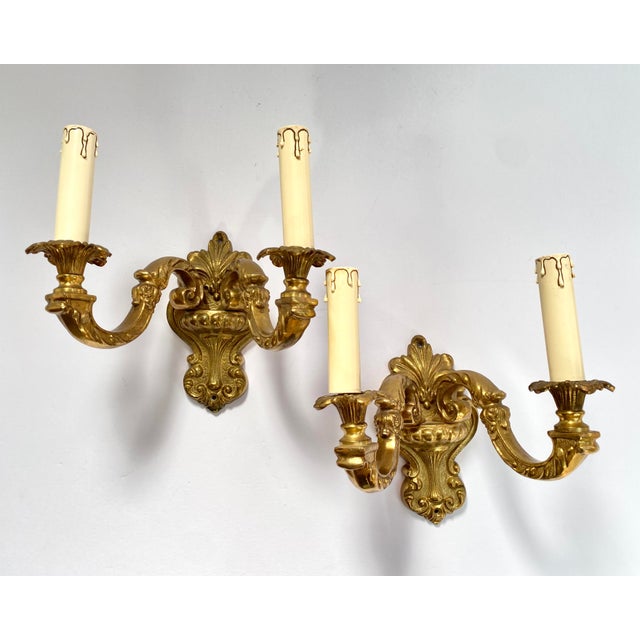 Gold Vintage French Double Arm Bronze Wall Lights, 1960s, Set of 2 For Sale - Image 8 of 8