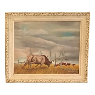Vintage Oil Painting Framed Signed Wyoming Elk on Cattle Ranch Landscape For Sale