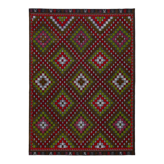 Brown Modern Soumak Handmade Multicolor Geometric Designed Wool Rug For Sale