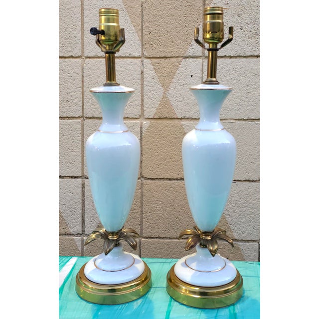 Metal Pair of Mid-Century French Opaline Table Lamps For Sale - Image 7 of 9