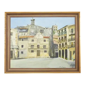 Midcentury Modern Italian Impressionist Town Square Oil Painting