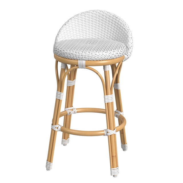 White Tobias 24.5 in. Seat Height Outdoor Rattan and Metal Low Back Counter Stool, Smooth White For Sale - Image 8 of 8