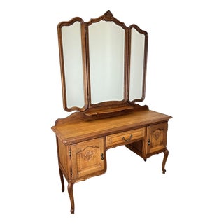 Vintage French Louis Style Oak Dressing Table with Mirror For Sale