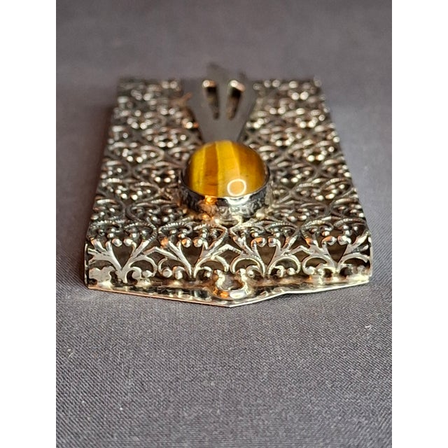 Vintage Israel Sterling Silver 925 Filigree Mezuzah Case Tiger's Eye Stone Judaica For Sale - Image 10 of 18