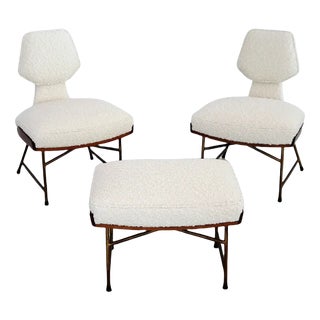 Mid-Century Italian Wood & Bouclé Slipper Chairs & Footstool, 1950, Set of 3 For Sale