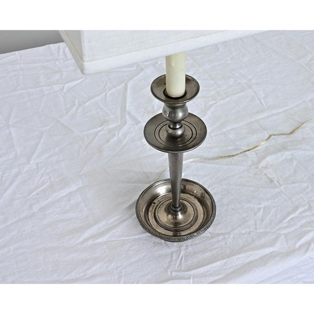 French Vintage Pewter Table Lamp With Custom Linen Shade For Sale - Image 4 of 9