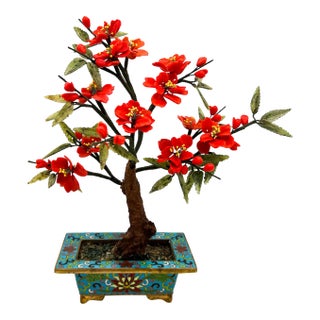 Vintage Cloisonné Flowering Jade Bonsai Tree in Enamel Planter | Chinoiserie Décor Accent - Hollywood Regency, Asian Inspired, Traditional For Sale