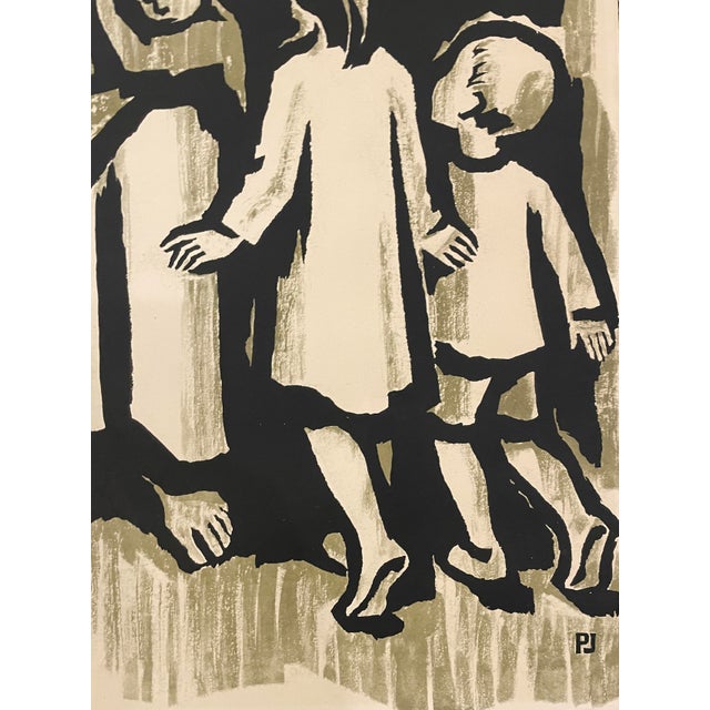 1960s mcm lithograph of Christ "Let the Little Children Come to Me" story from the Book of Matthew. Signed "PJ" in the...
