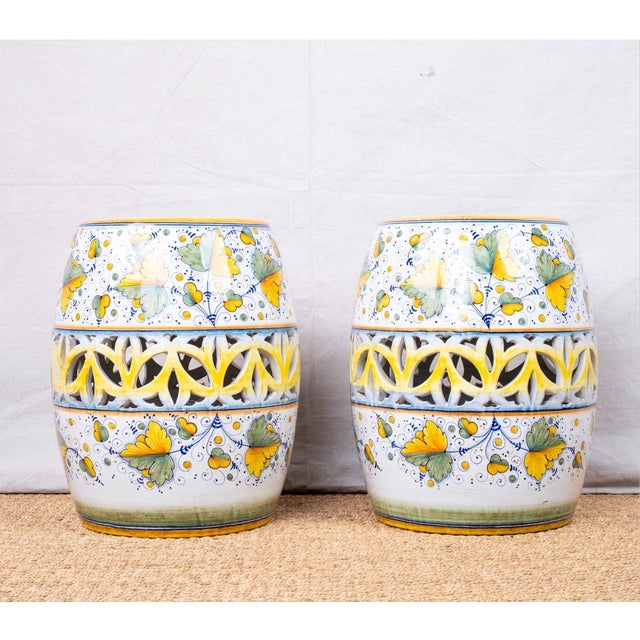 Pair of hand painted ceramic garden stools or side tables, 20th century, Italian. Custom made and a one-off pair....