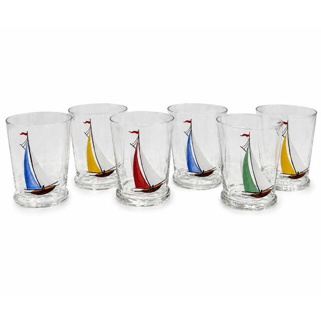 Transparent Vintage Set 6 Hand Painted Sailboat Shot Glasses Nautical Barware For Sale - Image 8 of 8