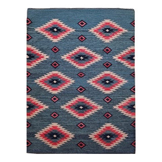 Vintage Southwestern Kilim Rug, Flat-Woven Wool, Geometric Pattern, Green & Red, 4x5 For Sale