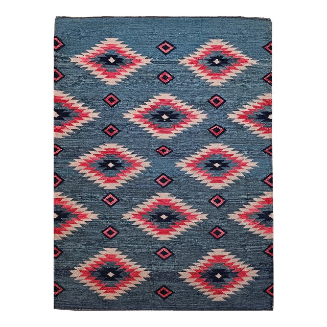 Vintage Southwestern Kilim Rug, Flat-Woven Wool, Geometric Pattern, Green & Red, 4x5 For Sale