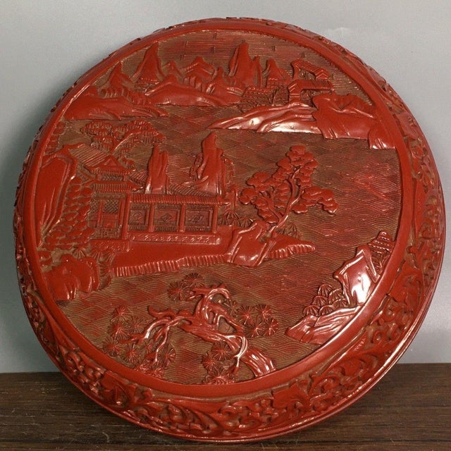 Carved Cinnabar Lacquer Round Lidded Box, Landscape Pavilion Scene Chinoiserie Jewelry Box For Sale In Los Angeles - Image 6 of 9