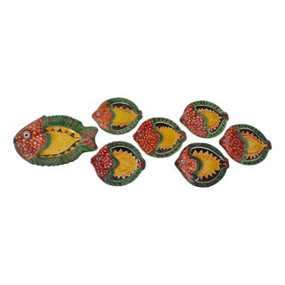Mid-Century Glazed Ceramic Fish Plates from from De Simone, Italy, 1960s, Set of 7 For Sale