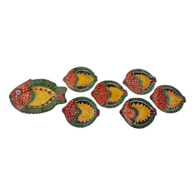 Mid-Century Glazed Ceramic Fish Plates from from De Simone, Italy, 1960s, Set of 7 For Sale