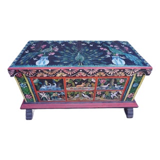 Hand-Painted Folk Art Mexican Trunk For Sale