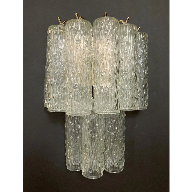 Pair of Italian wall lights with vintage textured Murano glass tubes mounted on newly made gold finish metal frames / Made...
