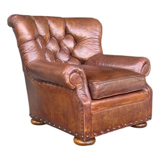 1990s English Churchill Leather Armchair With Rolled Arms & Brass Nailhead Trim For Sale