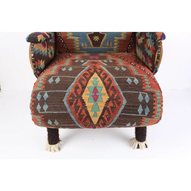 Wood Bergere Armchair Upholstery With Antique Kilim For Sale - Image 7 of 12