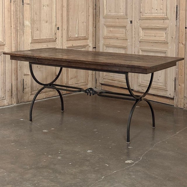 Country French Hand Forged Iron Dining Table With Antique Oak Top For Sale - Image 9 of 18