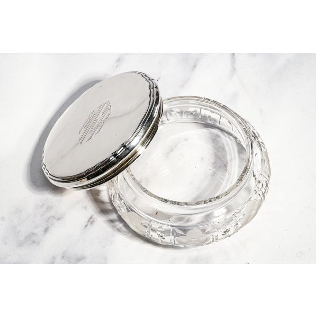 1920s Stunning Large Art Deco Antique Crystal Jewelry Box Sterling Silver Lid Vanity Jar Luxury Home Decor For Sale - Image 5 of 14