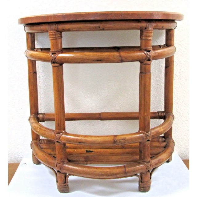 Half Round Demilune Bamboo Side Table with Ladder Sides and Mahogany Top. Vintage 1940s two-tier rattan side table...