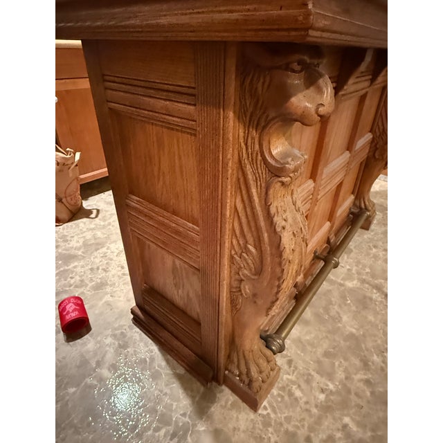 Wood Pulaski Oak Bar With Brass Top and Foot Rail, Griffin Carvings, Plus Custom Inset Oak Doors, Attributed For Sale - Image 7 of 12