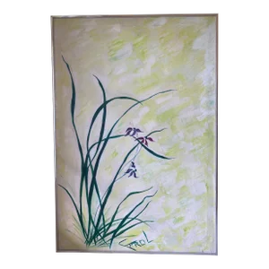 Contemporary Purple Orchid With White and Yellow Background Framed Oil Painting With Green and Yellow Background by Farol