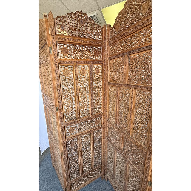 Wood 1960's Moroccan Style Pierced Wood 4-Panel Floor Screen- Each Panel Differs For Sale - Image 7 of 12