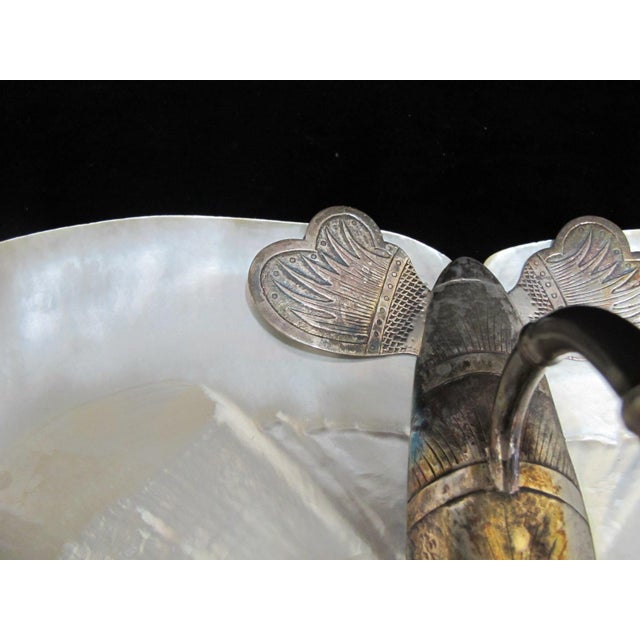 Chinese Butterfly Silver & Mother of Pearl Shell Footed Serving Tray Dish For Sale In Portland, OR - Image 6 of 11