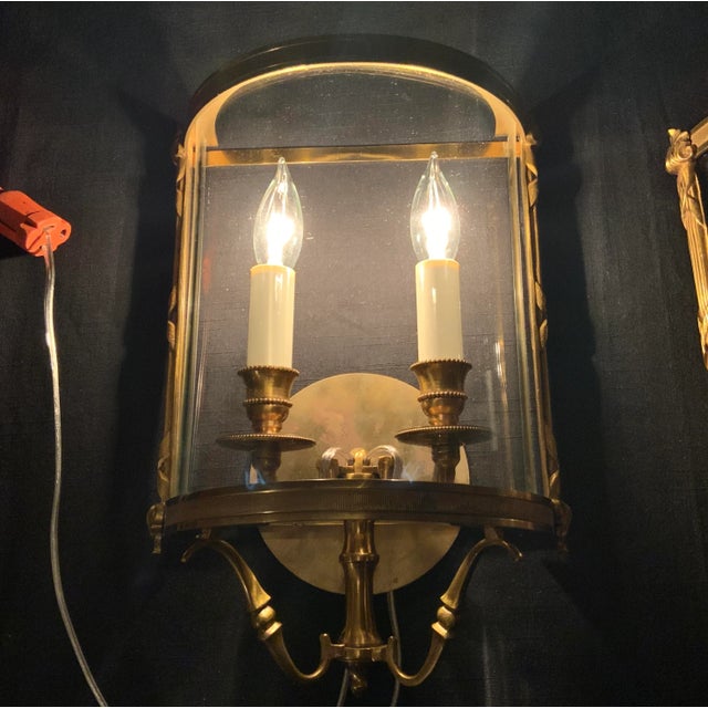 Mid 20th Century Pair of Mid 20th Century French Bronze Convex Half Lantern Wall Sconces, Louis XVI Ribbon & Reed For Sale - Image 5 of 10
