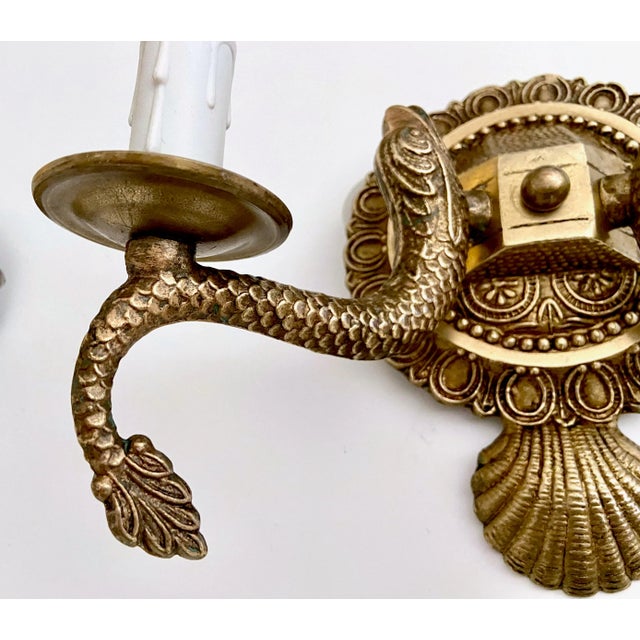 1950s Pair Neoclassic Dolphin Shell Brass Wall Sconces For Sale - Image 5 of 13
