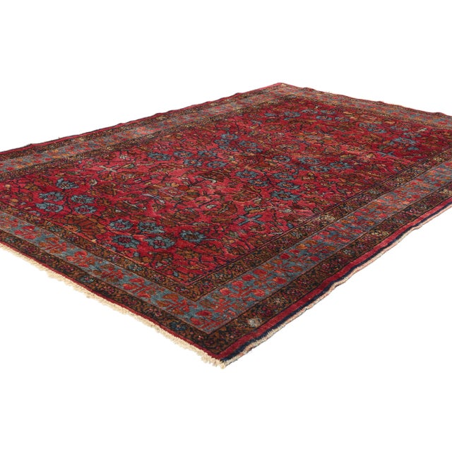 79090 Antique Red Persian Lilihan Rug, 04'10 x 06'09. This hand-knotted wool antique Persian Lilihan rug, crafted with...