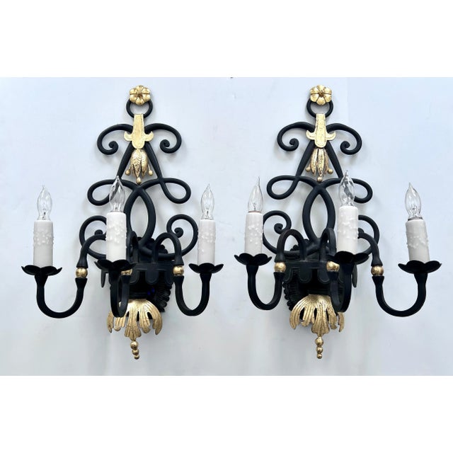 Gilbert Poillerat Wrought Iron Sconces with 24K Gold in the Style of Rene Drouet - a Pair For Sale - Image 4 of 10