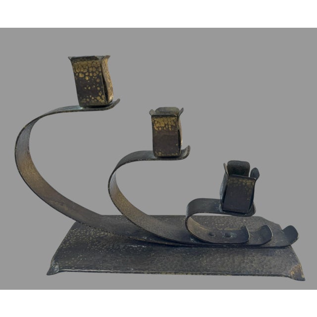 Early 20th Century Arts & Crafts Hand-Hammered Brass Three-Light Candelabras – Pair For Sale - Image 10 of 12