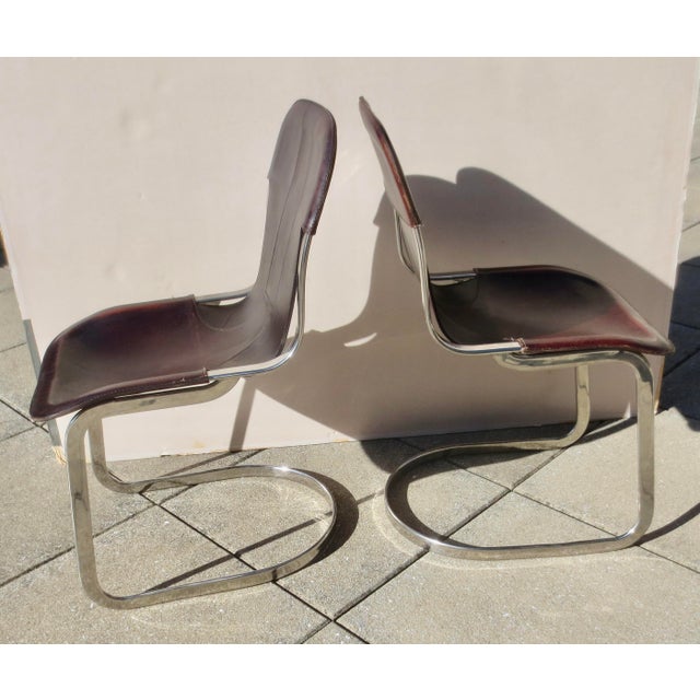 Metal Pair of Willy Rizzo Chrome and Brown Leather Cantilever Chairs- Pair of 2 For Sale - Image 7 of 9
