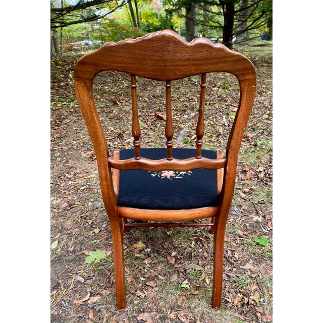 Late 19th Century Victorian Accent Chair Carved Oak Crest Needlepoint Seat 1890s For Sale - Image 5 of 7