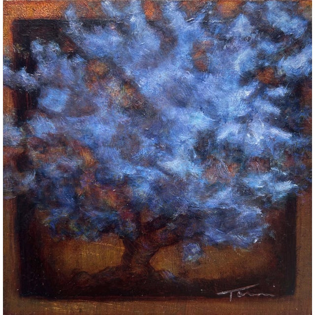 This oil on board piece features a striking tree rendered in swirling shades of blue, creating a sense of movement and...