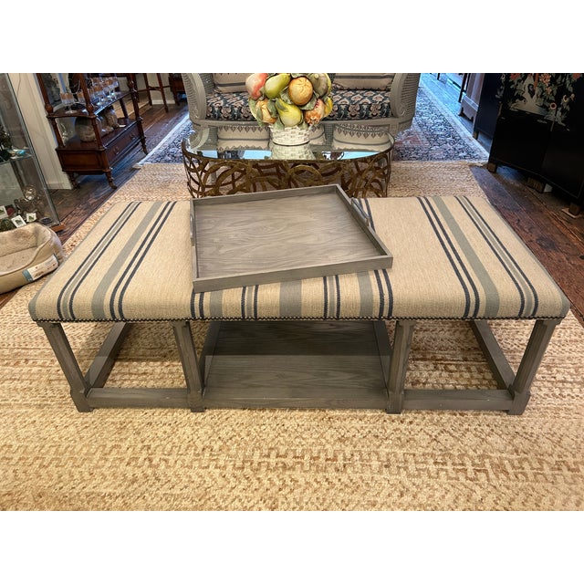 2000 - 2009 Very Large Classic Grey Wood & Upholstered Striped Ottoman For Sale - Image 5 of 12