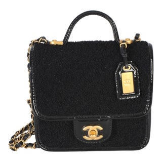 Black Tweed Patent School Memory Mini Top Handle Flap Bag For Sale