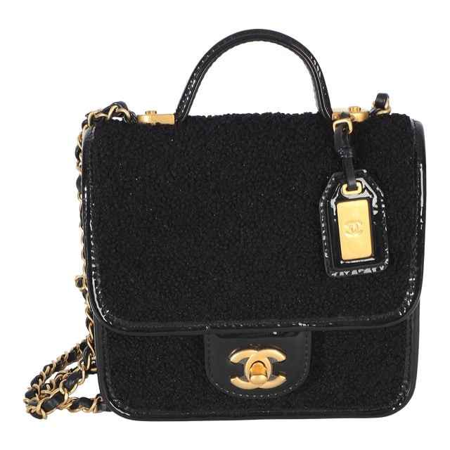 Black Tweed Patent School Memory Mini Top Handle Flap Bag For Sale