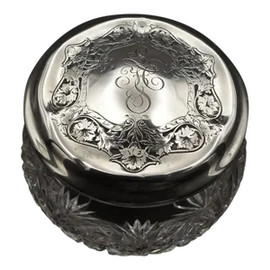 Late 19th Century Antique Wallace Sterling Silver Crystal Daisy Pattern Powder Jar