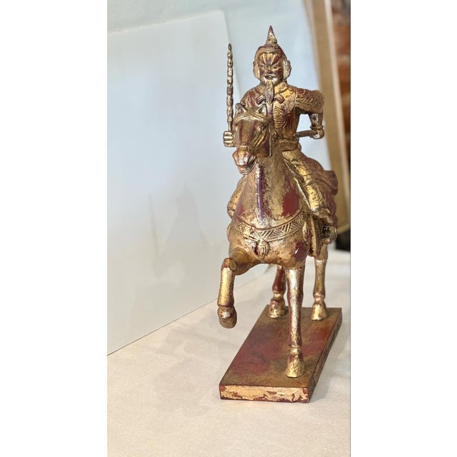Chinese Vintage Tang Dynasty Style Chinese Gilded Wood Horse and Warrior Figure For Sale - Image 3 of 7