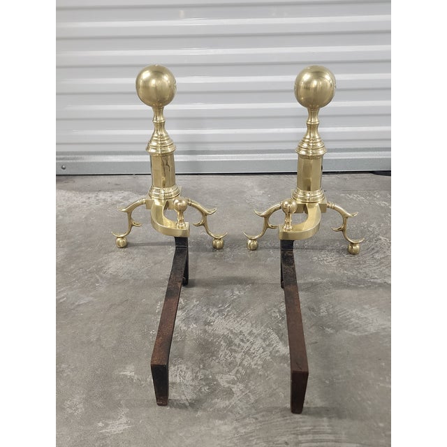 Metal Vintage Federal Style Large Brass Andirons - A Pair For Sale - Image 7 of 13